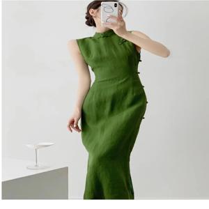 2025 빈티지 자연 문학 예술 드레스 중국 스타일 매일 향상된 레저 qipao 섹시한 민소매 허리 cinching 슬릿 qipao