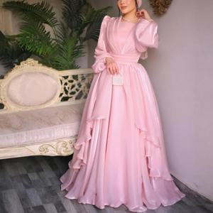 맞춤형 핑크 이브닝 드레스 스퀘어 칼라 풀 슬리브 티어드 프릴 Organza a 라인 댄스 파티 드레스 Simple Long Dubai Dress