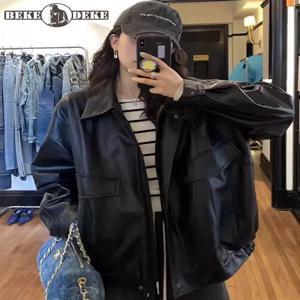보이프렌드 스타일 여성 봄 새 양피 정품 가죽 자켓 루즈 피트 오버 사이즈 미드 롱 코트 캐주얼 streetwear 자켓
