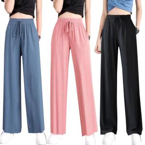 1pcs 여름 여성 얼음 실크 바지 여성 높은 탄성 허리 Drawstring 포켓 느슨한 스트레이트 바지 학생 스포츠 스트레이트 바지