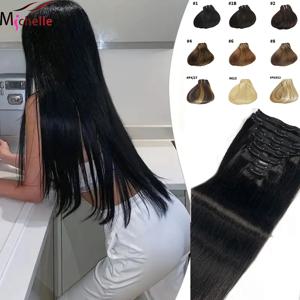 스트레이트 클립인 헤어 익스텐션 100% 브라질 레미 인모 클립인 헤어 익스텐션 8피스 천연 블랙 컬러 클립인