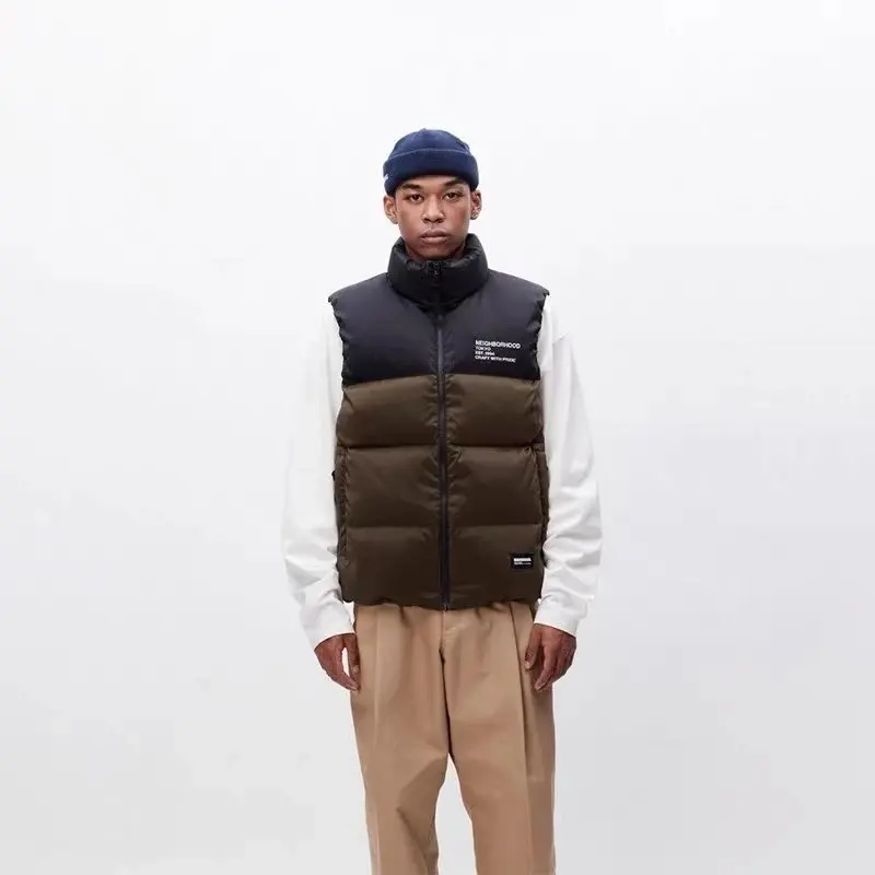 NBHD 클래식 다운 베스트 미디 두께 패치워크 컬러 다운 베스트 젊은 감각 스타일 나일론 원단 드로스트링 밑단 지퍼 클로저
