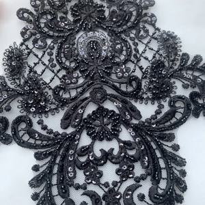 새로운 비즈 스팽글 자수 레이스 아플리케, 레트로 블랙 앤 레드, 2개/팩 DIY 웨딩 드레스 액세서리, 레이스 꽃 패치