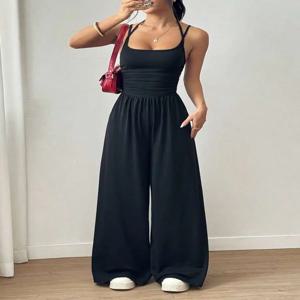 여성용 여름 블랙 캐주얼 플리츠 루즈 스트레이트 레그 점프수트, 조절 가능한 홀터넥 타이