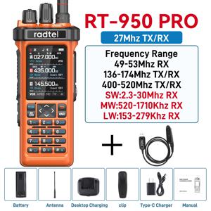 Radtel RT-950 PRO 오렌지 + 프로그래밍 케이블 워키토키 GPS APRS 10W 블루투스 전화 프로그래밍 햄 라디오 RT-950PRO SSB