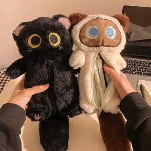 만화 플러시 큰 눈 고양이 필통 슈퍼 소프트 재미있는 인형 대용량 필통 다기능 문구류 보관 가방