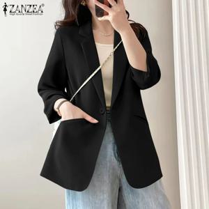 ZANZEA 여성 블랙 블레이저 캐주얼 경량 라펠 넥 긴 소매 솔리드 컬러 정장 재킷 봄 여름 여성 아우터웨어 3XL