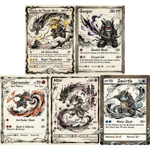 5Pcs 포켓몬 레어 홀로 카드 잉크 앤 워시 사무라이 스타일 겐가 뮤 참맨더 스퀴틀 PTCG 카드 컬렉션 포켓몬 카드 선물