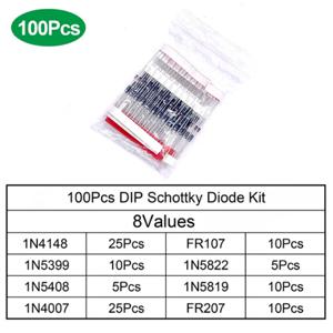 100PCS 고속 스위칭 쇼트키 다이오드 전자 부품 키트 세트 8 값 1N4148 1N4007 1N5819 1N5399 1N5408 1N5822 FR107 FR207