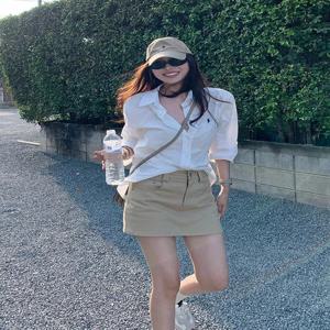 숙녀 캐주얼 스타일 루즈핏 자외선 차단 긴 소매 흰색 코튼 린넨 셔츠 여름 얇은 스티치 디자인 탑