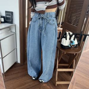 하이웨이스트 컴프레스드 진 신상 봄 투버튼 롱 팬츠 캐주얼 스타일 퓨어 컬러 프레이드 헴 여성용