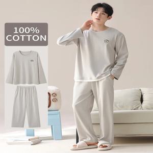 남성용 100% 순면 긴팔 파자마 세트, 봄 여름 및 사계절 플러스 사이즈 라운지웨어, 십대 및 성인용 순면 홈웨어