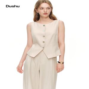 DUSHU 여성용 2026 신상 여름 올드머니 스타일 빈티지 쉘 버튼 베스트 하이웨이스트 와이드 레그 팬츠 투피스 세트 여성