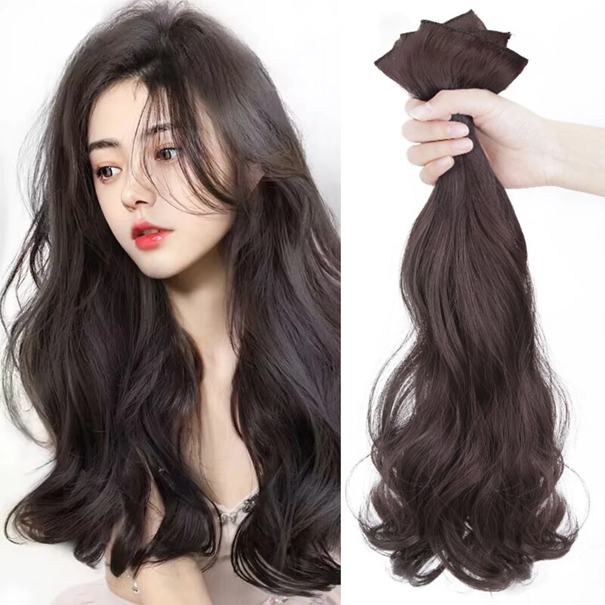 합성 빅 웨이브 헤어 익스텐션 피스 가발 여성용 보이지 않는 연결 긴 곱슬머리 자연스러운 내열성 데일리 웨어