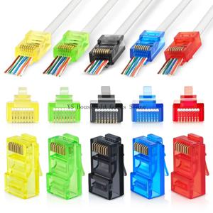 50개 RJ45 Cat6 패스 스루 커넥터, 다양한 색상의 EZ 크림프형 모듈러 플러그(솔리드 또는 연선 UTP 네트워크 케이블용)