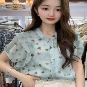 여름 신상품 폴카 도트 반팔 자외선 차단 셔츠 연잎 소매 페이스 베일 마스크 패셔너블 프린트 모달 탑