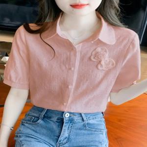 여성용 면 셔츠 반팔 여름 2026 신상 디자인 인형 칼라 포켓 손수건 캐주얼 스트라이프 패턴 유행