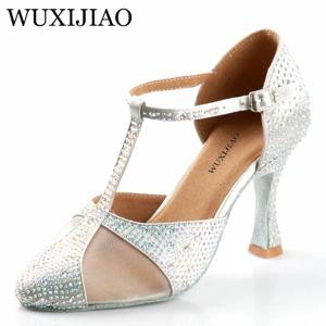 WUXIJIAO 실버 실크 새틴 라인 석 현대 댄스 신발 라틴 댄스 신발 웨딩 신발 Baotou 라인 석 designarty