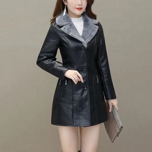 여자 가죽 윈드 브레이커 플러스 벨벳 두꺼운 PU 가죽 코튼 코트 긴 정장 칼라 대형 패션 따뜻한 가죽 자켓