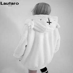 Lautaro 가을 겨울 대형 달콤한 따뜻한 두꺼운 부드러운 가짜 모피 까마귀 여성 곰 귀 하라주쿠 펑크 스타일 털이 자켓