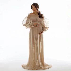 2025 패션 쉬어 새로운 Pleated Organza 출산 드레스 Photoshoot 임신 복장 출산 베이비 샤워 드레스 YEWEN