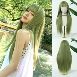 Allbell Magique 민트 그린 롱 스트레이트 합성 가발 (블런트 뱅 포함) Natural Look Green Cosplay Wig For Women 다목적 데일리