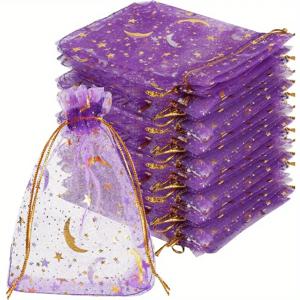 50PCS 문 별 Drawstring Organza 가방 보석 선물 가방 파우치 골드 스타 Organza 크리스마스 결혼식을위한 호의 파우치