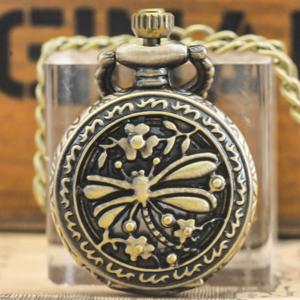 작은, 복고풍 청동 Steampunk 잠자리 새겨진 작은 석영 주머니 시계 목걸이 펜던트 시계 체인 남성과 여성 체인 선물