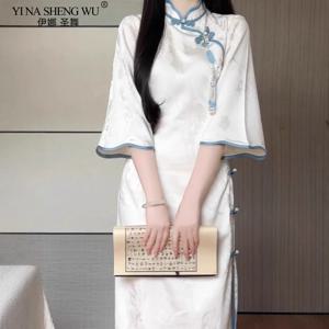 빈티지 중국어 번체 캐주얼 파티 여성 Qipao 드레스 여름 스탠드 칼라 짧은 소매 슬리밍 소녀