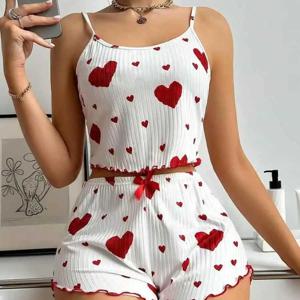 2pcs 여성 잠옷 세트 섹시한 귀여운 카와이 잠옷 여성 멜빵 Sun-Tops Loungewear 세트 반바지 Y2K 로리타 하트 실크 잠옷