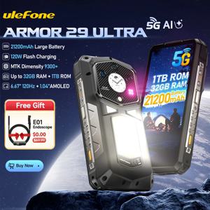세계 최초 Ulefone Armor 29 Ultra 5G 러기드 폰 Dimensity 9300+, 21200mAh 120W 6.67인치 120Hz AMOLED 32GB RAM 1TB ROM 64MP 나이트 비전, NFC, Android 15 모바일 폰