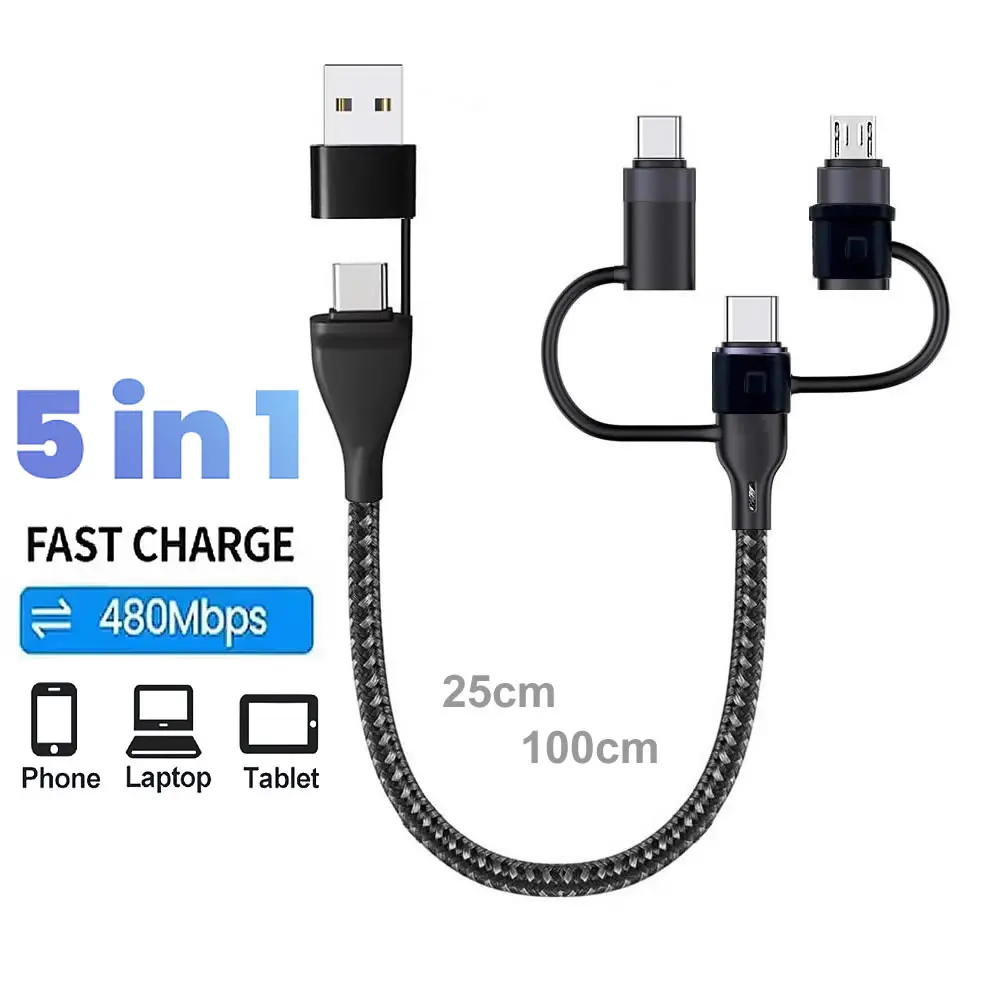 PD 65W 4 5 in 1 USB C 멀티 고속 충전 케이블 나일론 편조 싱크 데이터 케이블 USB A/C - Type C/마이크로 (아이폰, 삼성, 맥북용)