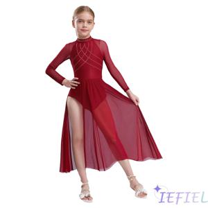 여아 리리컬 댄스 의상 반짝이는 라인스톤 시스루 메쉬 패치워크 플로우 스플릿 드레스 키홀 백 롱 슬리브 레오타드 드레스