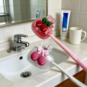 귀여운 체리 디자인 칫솔 홀더, 체리 패턴, 칫솔 머리 보호, 배수 및 환기를 위한 이중 구멍 특징