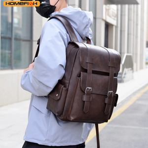 HOMEFISH 남성 백팩 PU 가죽 백팩 대형 노트북 백팩 남성용 모칠라스 블랙 스쿨백 청소년 소년용 브라운 백팩