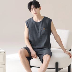 새로운 남성 잠옷 세트 여름 경량 코튼 타이트 조끼 스포츠 캐주얼 가족 잠옷 야외 루즈 탑 통기성