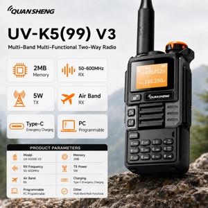 콴셩 UV-K5(99) V3 무전기 2MB 50-600MHz RX 에어밴드 AM 수신 5W 양방향 무전기 PC 프로그래밍 가능