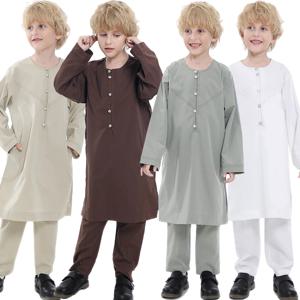 두바이 Abaya 정장 Jubba Thobe 어린이 아라비아 이슬람기도 아기 큰 소년 카타르 파키스탄 셔츠와 바지 2 조각 정장