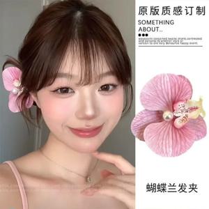 달콤한 핑크 난초 꽃 헤어 클립 머리 장식 한국어 진주 꽃 헤어 그립 바레트 장식 보헤미아 신부 헤어 액세서리