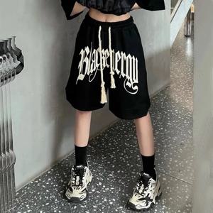 Y2K Drawstring 인쇄 반바지 여성 패션 아메리칸 스타일 streetwear 스포츠 반바지 bf 힙합 루즈 캐주얼 와이드 레그 반바지