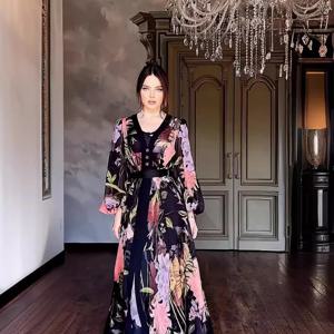 Jalabiya 이슬람 여성 꽃 프린트 드레스 Kaftan 이슬람 Vestidos Eid 라마단 모로코 두바이 Abayas 겸손한 드레스 아랍 긴 가운