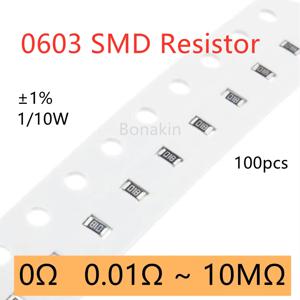 0603 1% SMD 저항기, 0R 10Ω 22ohm 100R 120R 330R 470R 510R 1K 1.5K 2K 2.2K 4.7K 5.1K 10K 15K 20K 30K 47K 51K 100K, 100 개 200K 1M