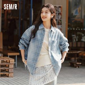 용수철 체크 무늬 블라우스, 세미 데님 셔츠, 오버사이즈 용수철, 2025 신상