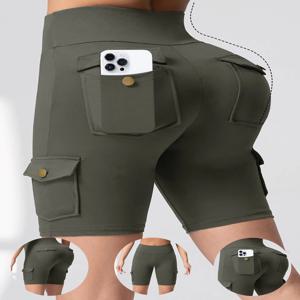 멀티 포켓 솔리드 컬러 여성 반바지 엉덩이 리프팅 멀티 포켓 작업복 5 포트 바지 탄성 슬림 피트니스 스타킹 사이클링 짧은