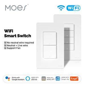 MOES Tuya Wi-Fi 스마트 버튼 벽 스위치(미국 단일 라이브/중립선), Alexa 및 Google 홈과 함께 작동, 중립선 필요 없음