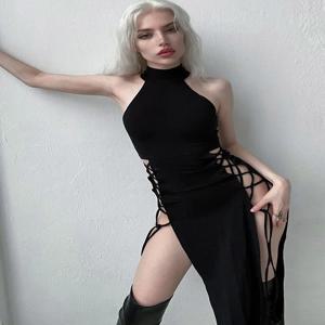고스 다크 코스프레 하이 슬릿 섹시 밴디지 여성 드레스 Y2K 몰 고딕 홀터 슬림 미디 드레스 블랙 그런지 스타일 알트 파티웨어