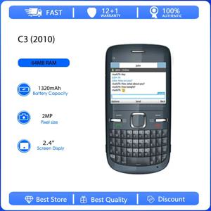 오리지널 리퍼비시 C3 (2010) C3-00 블루투스 언락 GSM 900/1800 휴대폰 러시아어 아랍어 히브리어 키보드 핀란드 제조