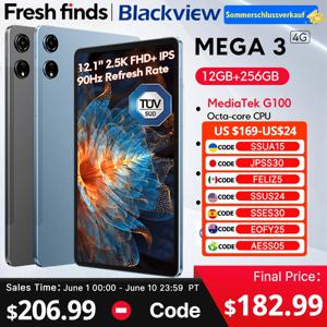 새로운 블랙뷰 메가 3 태블릿 12.1인치 2.5K 90Hz 디스플레이 안드로이드 15 8800mAh 33W 고속 충전 12GB 256GB 50MP 카메라