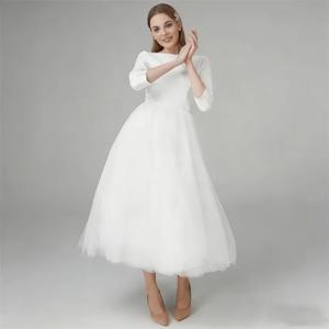 맞춤형 보헤미안 심플 새틴 미디 웨딩드레스, 신부를 위한 티 길이 3/4 소매 짧은 브라이덜 가운, A라인 베스티도 데 노이바