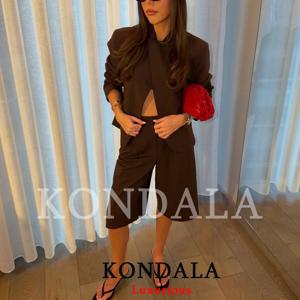 KONDALA 여성 오피스 레이디 캐주얼 시크 브라운 블레이저 슈트 긴팔 블레이저 지퍼 하프 팬츠 패션 2026 봄 여름 슈트